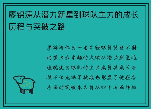 廖锦涛从潜力新星到球队主力的成长历程与突破之路
